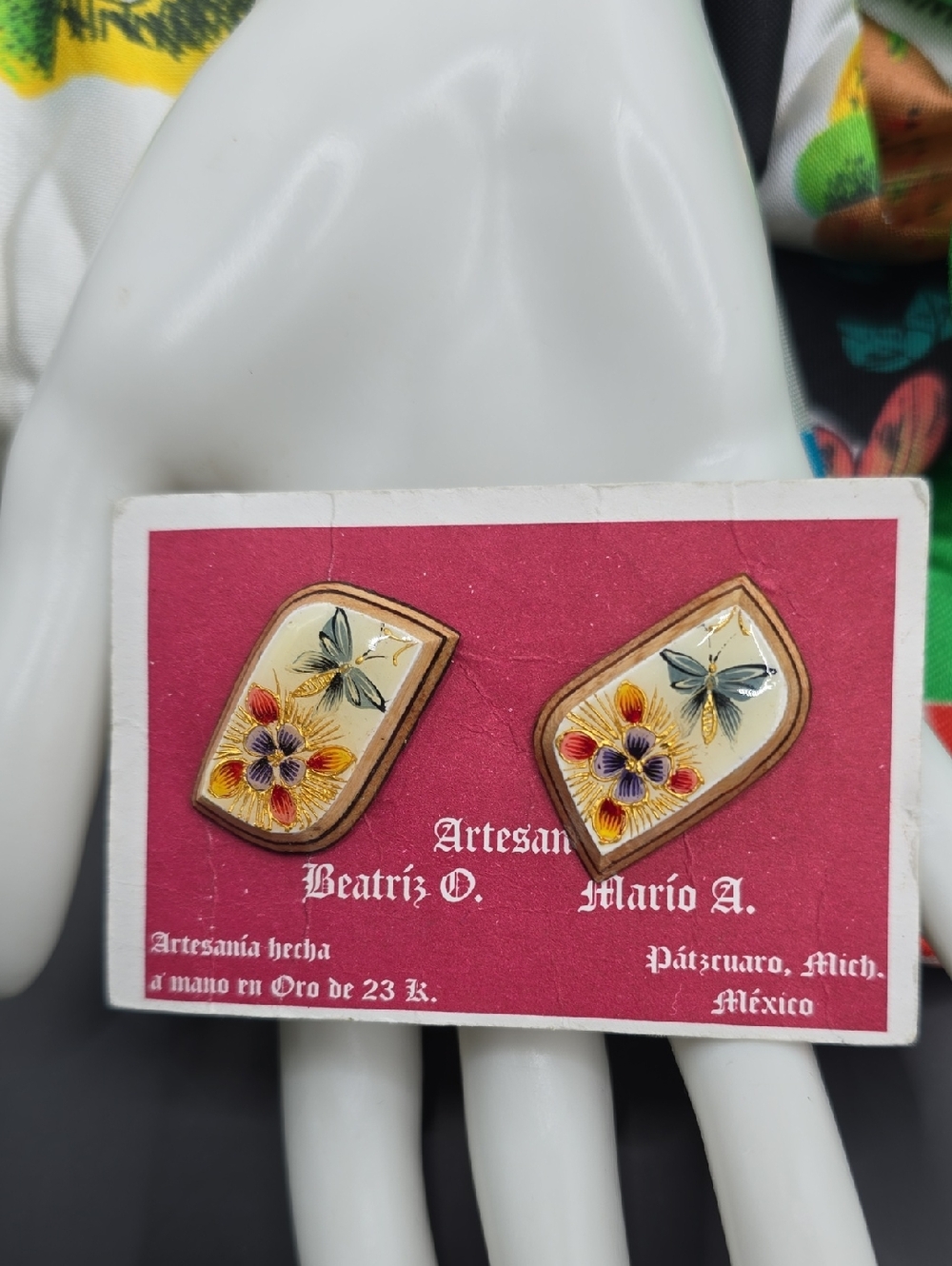 Vintage Artisanal Mexican 23k Floral & Butterfly Design Woodframe Post Earrings